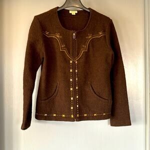 Venario Women Wool Western Zip Front Cardigan Embroidery Metal Long Sleeves Med